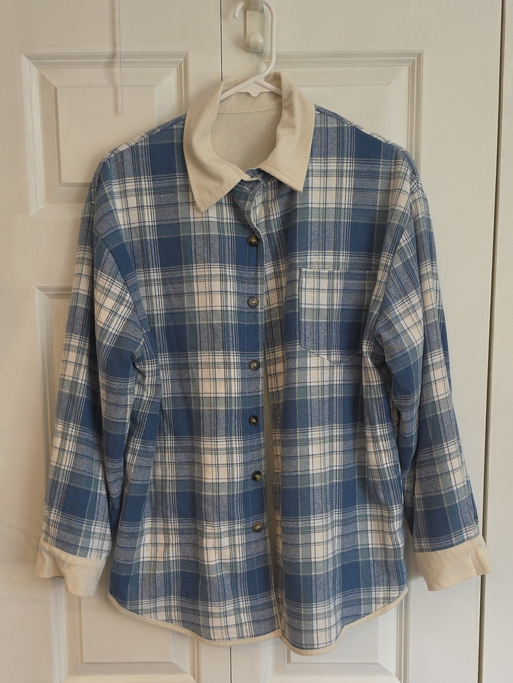 Mello Reversible Blue and White Plaid Utility Jacket with Cream Collar/Cream